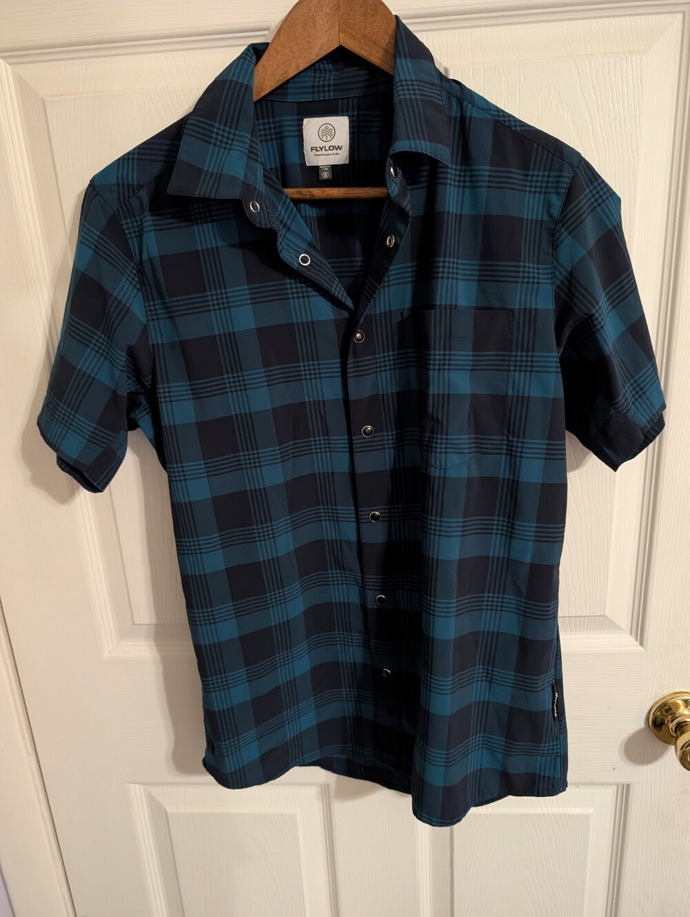 Flylow Mens Shirt Blue Plaid Snap Down Short Sleeve Top Size Small